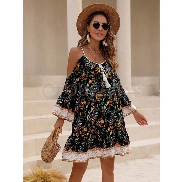 Black Cold Shoulder Tassel Detail Loose Fitting Mini Dress Short Floral Print - Picture 5 of 7